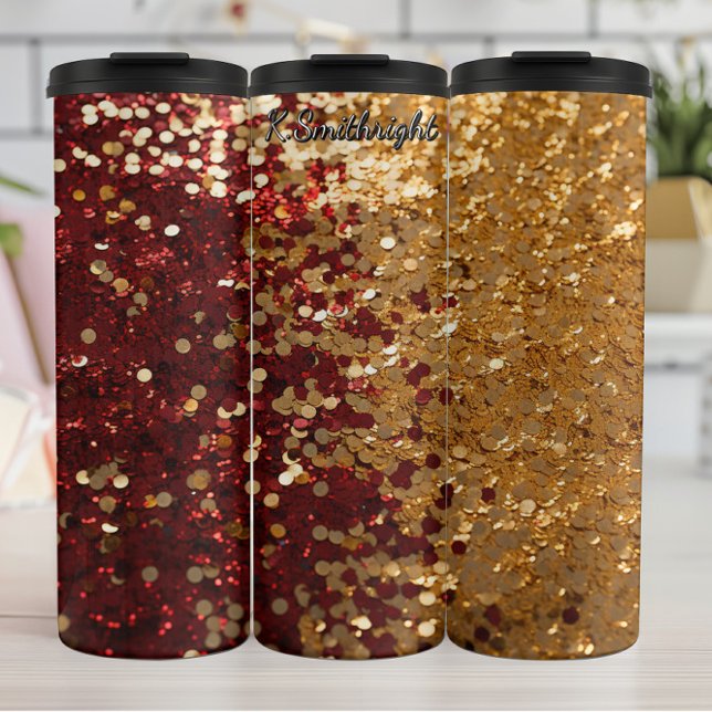 Red Gold Glitter Festive Confetti Thermosbecher (Von Creator hochgeladen)