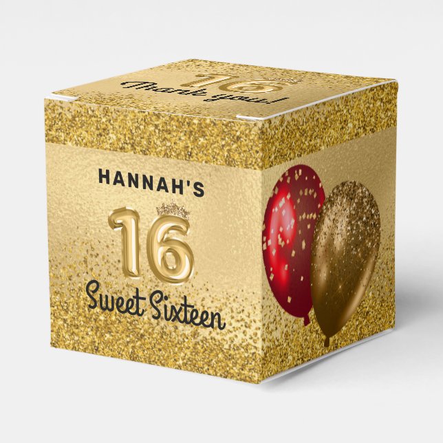 Red Gold Glitzer Balloons Sweet 16 Sechzehn Geschenkschachtel (Vorderseite)