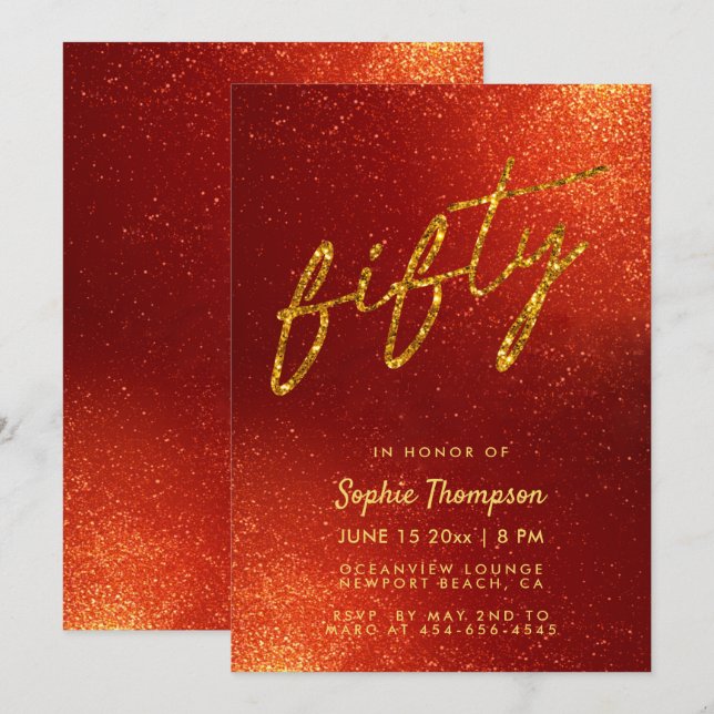 Red Gold Glitzer Calligraphy Elegant 50. Geburtsta Einladung (Vorne/Hinten)