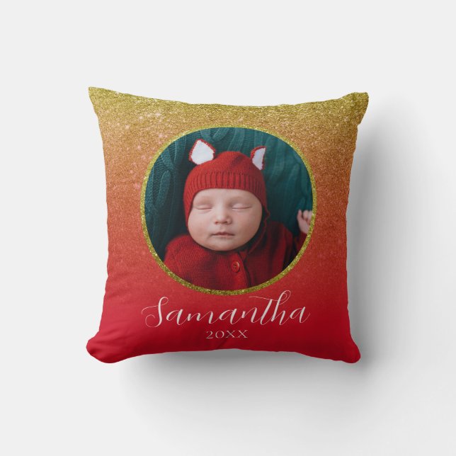 Red Gold Glitzer Christmas Personalisiert Baby Fot Kissen (Vorderseite)