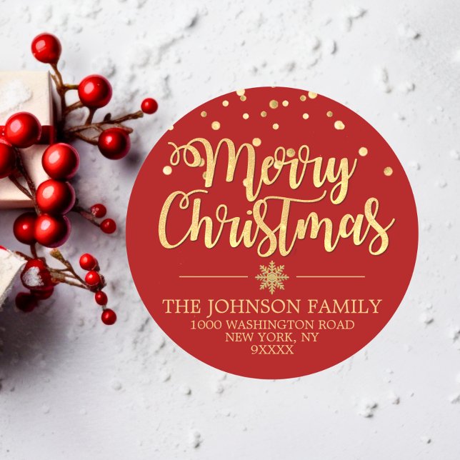 RED Gold Glitzer Confetti Frohe Weihnachtsadresse Runder Aufkleber (RED Gold Glitter Confetti Merry Christmas Address Classic Round Sticker)