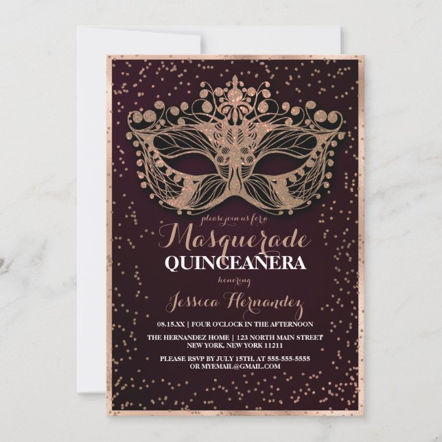 Red Gold Glitzer Confetti Masquerade Quinceañera Einladung (Vorderseite)
