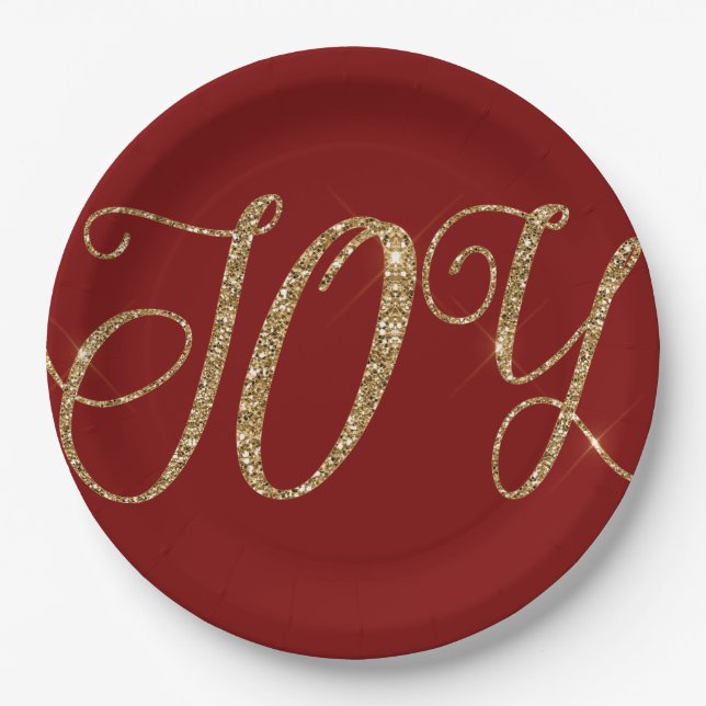 Red Gold Glitzer Freude Weihnachten Pappteller (Vorderseite)