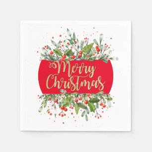 RED Gold Glitzer Frohe Weihnachts Holly Paper Plat Serviette