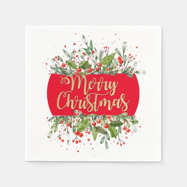 RED Gold Glitzer Frohe Weihnachts Holly Paper Plat Serviette (Vorderseite)