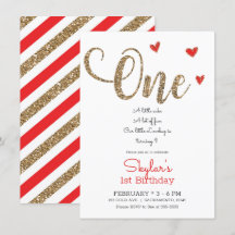 Red & Gold Glitzer Hearts 1. Geburtstag Eins Invit