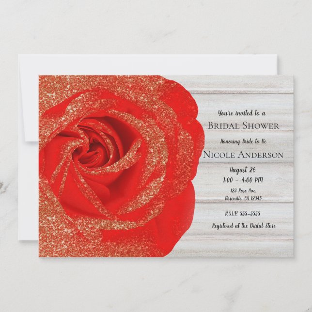 Red Gold Glitzer Rose Weißes Holz Shabby Chic Einladung (Vorderseite)