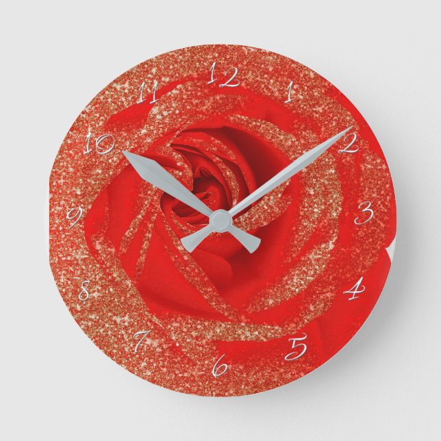 Red Gold Glitzer Rose Weißes Holz Shabby Chic Runde Wanduhr (Vorderseite)