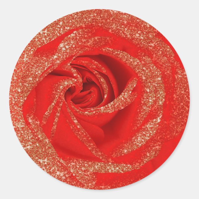 Red Gold Glitzer Rose Weißes Holz Shabby Chic Runder Aufkleber (Vorderseite)
