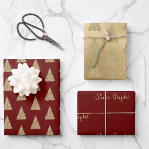 Red Gold Glitzer Shine Christmas Trees Geschenkpapier Set