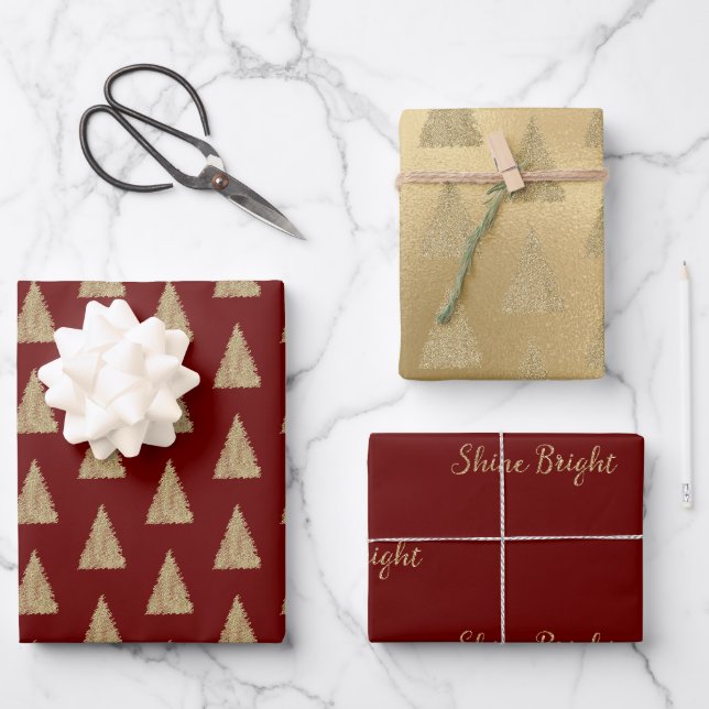 Red Gold Glitzer Shine Christmas Trees      Geschenkpapier Set (Vorderseite)