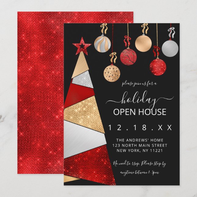 Red Gold Glitzer Treatments Ornaments Holiday Open Einladung (Vorne/Hinten)