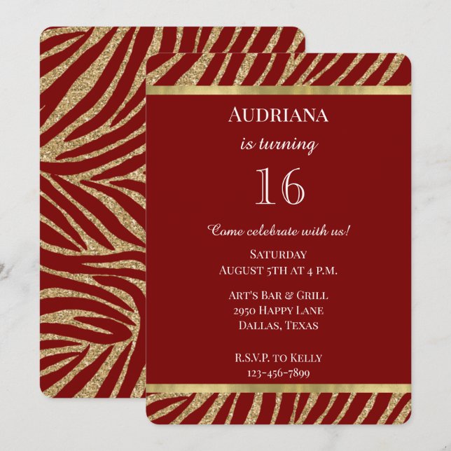 Red Gold Glitzer Zebra Animal Birthday Einladung (Vorne/Hinten)