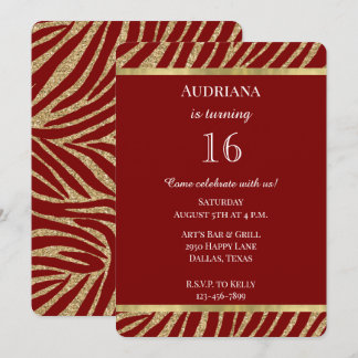 Red Gold Glitzer Zebra Animal Birthday Einladung