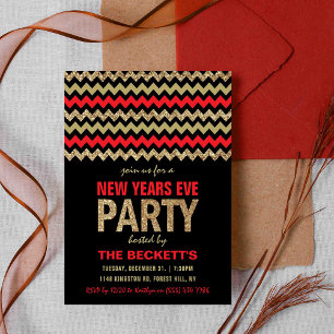 Red & Gold Glitzer Zickzack New Years Party Einladung
