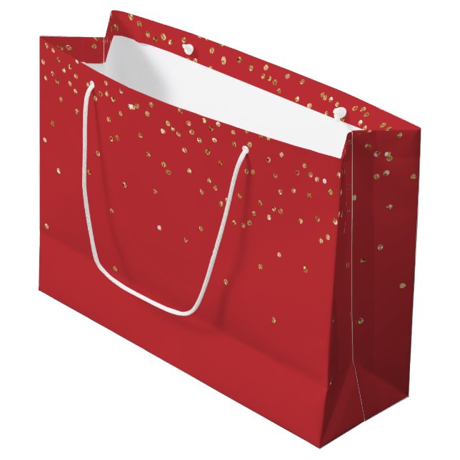 Red Gold Glitzy Confetti Christmas Große Geschenktüte (Vorderseite Schrägansicht)