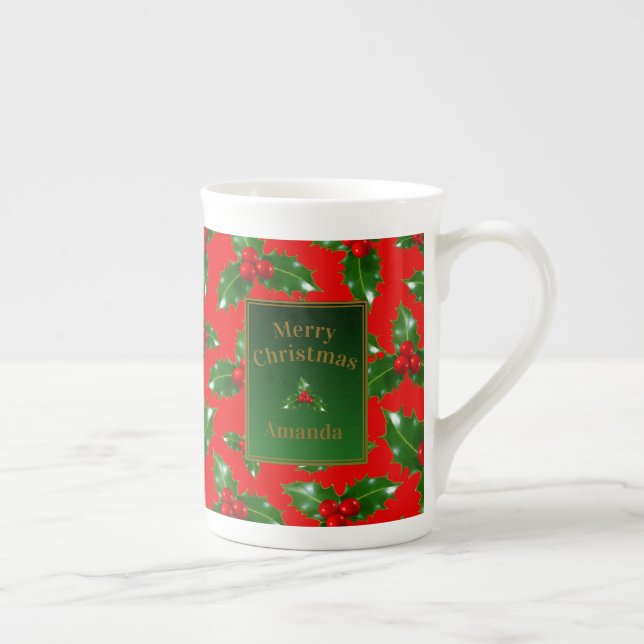 Red Gold Green Holly Berry Pattern - Personalisier Prozellantasse (Rechts)