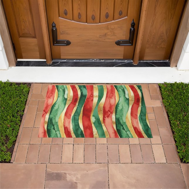 Red Gold Green Strips Weihnachten Fußmatte (Außenbereich)