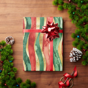 Red Gold Green Strips Weihnachten Geschenkpapier