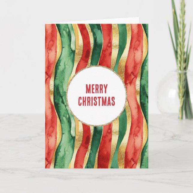 Red Gold Green Strips Weihnachten Karte (Vorderseite)