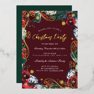 Red Gold Green White Floral Swirt Weihnachtsfest P Folieneinladung