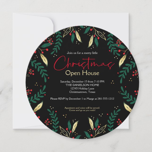 Red Gold Greenery Merry Little Christmas Party Einladung (Vorderseite)