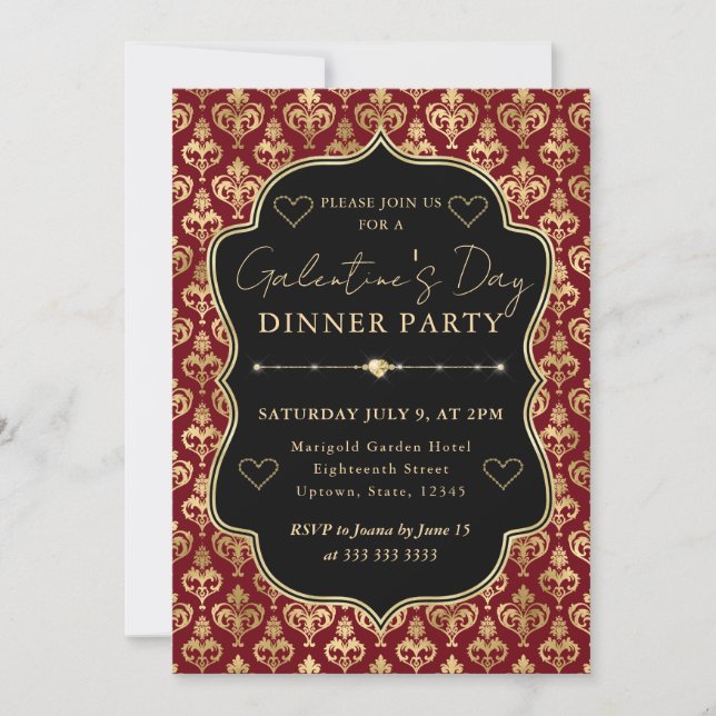 Red & Gold Heart Damask Galentine's Dinner Party Einladung (Vorderseite)