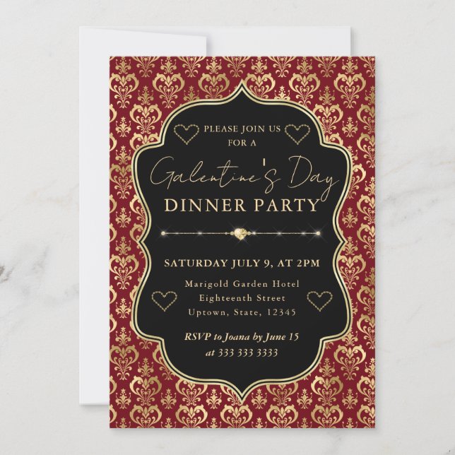 Red & Gold Heart Damask Galentine's Dinner Party Einladung (Vorderseite)