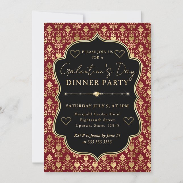 Red & Gold Heart Damask Galentine's Dinner Party Einladung (Vorderseite)