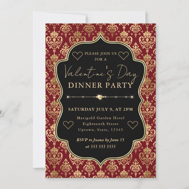 Red & Gold Heart Damask Valentine's Dinner Party Einladung (Vorderseite)