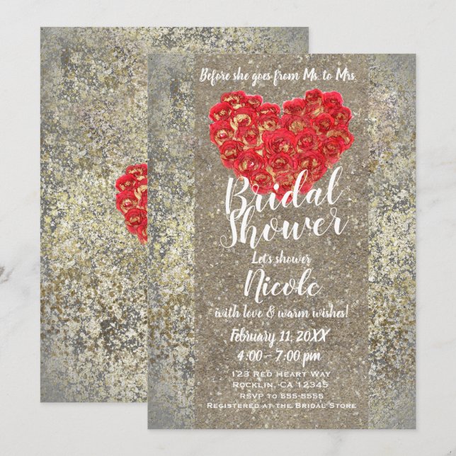 Red Gold Heart Glam Valentine Brautparty Party Einladung (Vorne/Hinten)