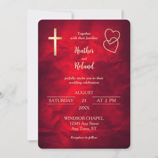 Red Gold Hearts Christlich Cross Wedding Einladung (Vorderseite)