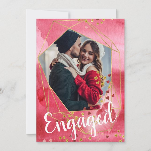 Red Gold Hearts Foto Valentine Engagement Party Einladung (Vorderseite)