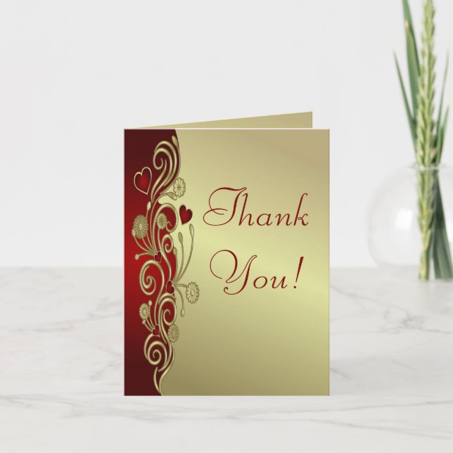 Red & Gold Hearts & Scrolls Vielen Dank Dankeskarte (Vorderseite)