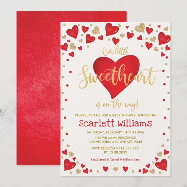 Red Gold Hearts Sweetheart Girl Baby Dusche Einladung (Vorne/Hinten)