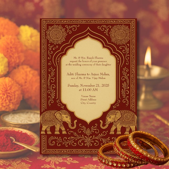 red gold hindu elephant ornate mandala wedding einladung (Von Creator hochgeladen)