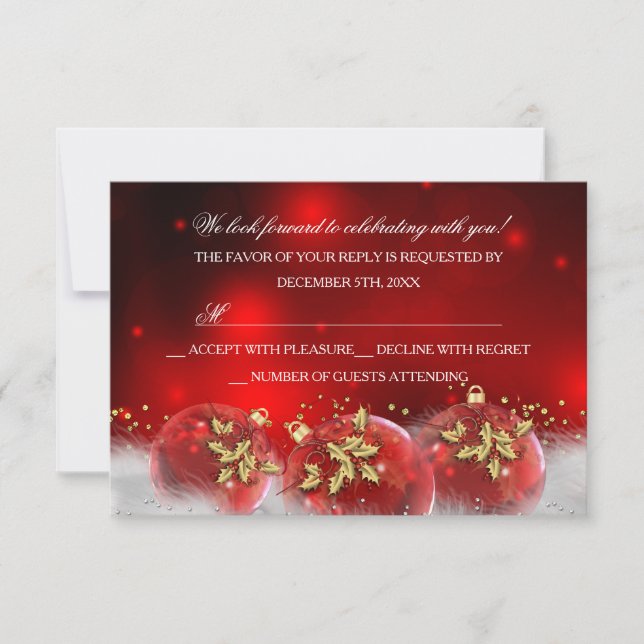 Red Gold Holly Baubles Christmas Party RSVP (Devant)
