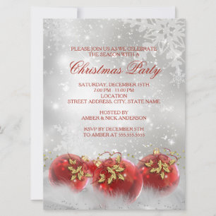 Red & Gold Holly Baubles Invitation de la fête de