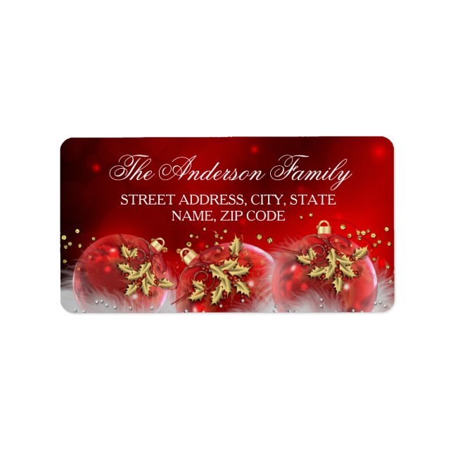 Red & Gold Holly Baubles Weihnachtsadressen-Labels Adressaufkleber (Vorne)