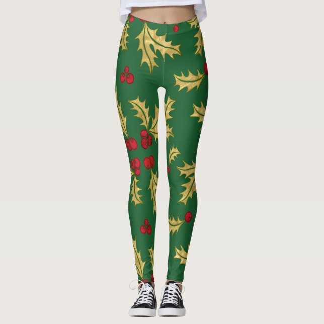 Red & Gold Holly Berries & Blätter in Wasserfarbe Leggings (Vorderseite)