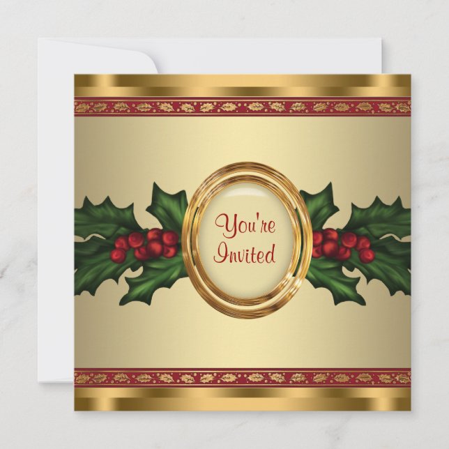 Red Gold Holly Corporate Christmas Party Einladung (Vorderseite)