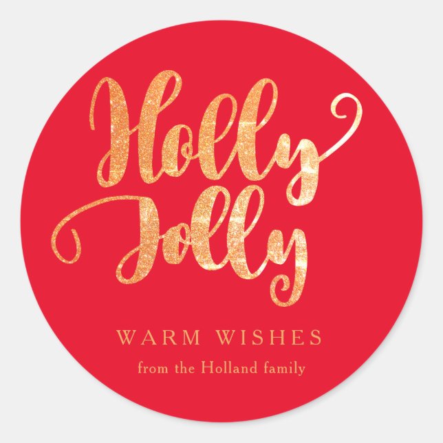 Red Gold Holly Jolly Holiday Runder Aufkleber (Vorderseite)