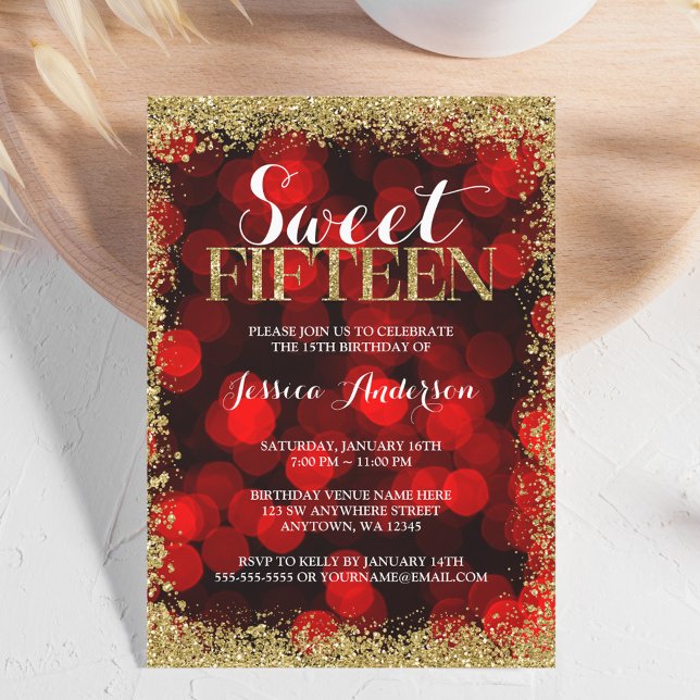 Red Gold Imitate Glitzer Lights Sweet 15 Quinceane Einladung (Von Creator hochgeladen)