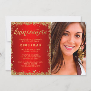 Red Gold Imitate Glitzer Quinceanera 15. Foto Einladung