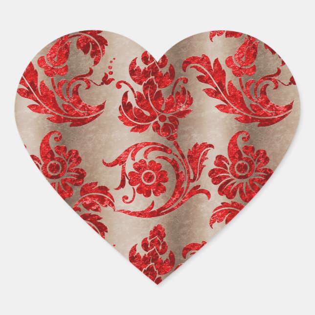 Red Gold Imitate Velvet Damask Herz-Aufkleber (Vorderseite)