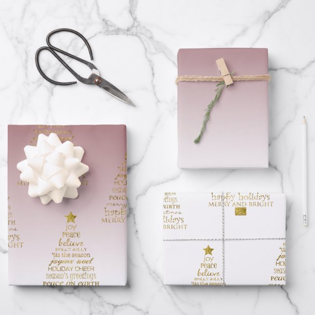 Red Gold Inspirational Christmas Tree Peace Joy Geschenkpapier Set (Vorderseite)