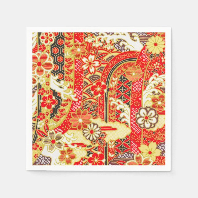 Red Gold Japanisch Kimono Blumenpapier Serviette (Vorderseite)