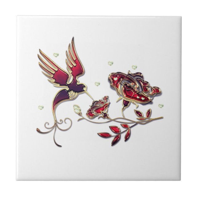 Red Gold Jewel mit Bird und Rose Keramik Tile Fliese (Vorderseite)