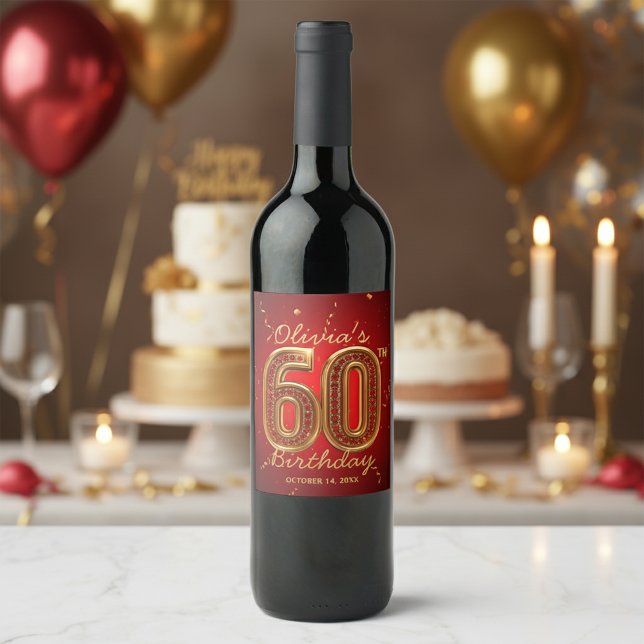  Red Gold Jewels Elegant Milestone 60th Birthday Weinetikett (Von Creator hochgeladen)