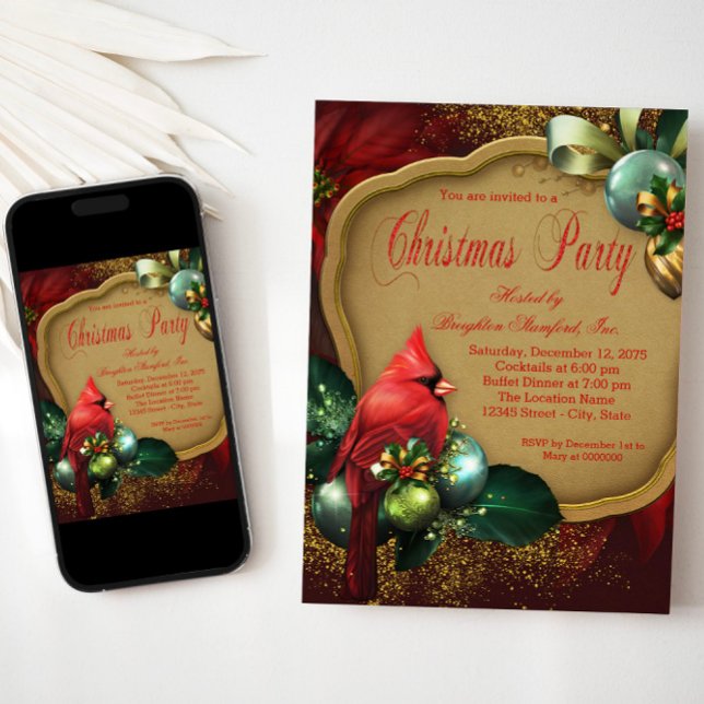 Red Gold Kardinal Corporate Weihnachts-Party Einladung (Red gold cardinal ornaments Christmas party invitation. Available for instant download and print.)